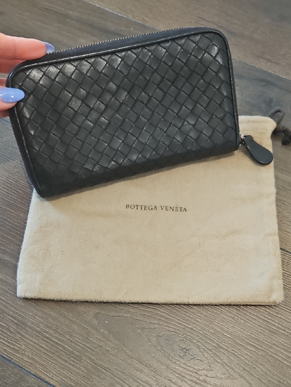 Bottega Veneta Black Woven Leather Zip Around Wallet + Branded Dustbag